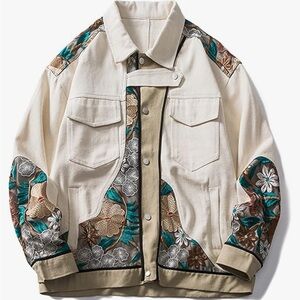 Floral Embroidered Patchwork Unisex Baseball Jacket Size Medium